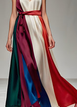 Load image into Gallery viewer, Loose Colorblock V Neck Tie Waist Silk Spaghetti Strap Dress Sleeveless