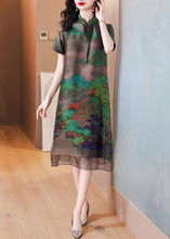 Load image into Gallery viewer, Loose Dark Gray Stand Collar Button Print Silk Dress Summer