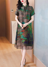 Load image into Gallery viewer, Loose Dark Gray Stand Collar Button Print Silk Dress Summer