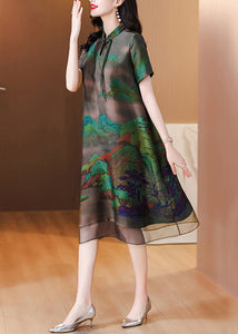 Loose Dark Gray Stand Collar Button Print Silk Dress Summer