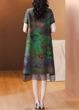 Load image into Gallery viewer, Loose Dark Gray Stand Collar Button Print Silk Dress Summer