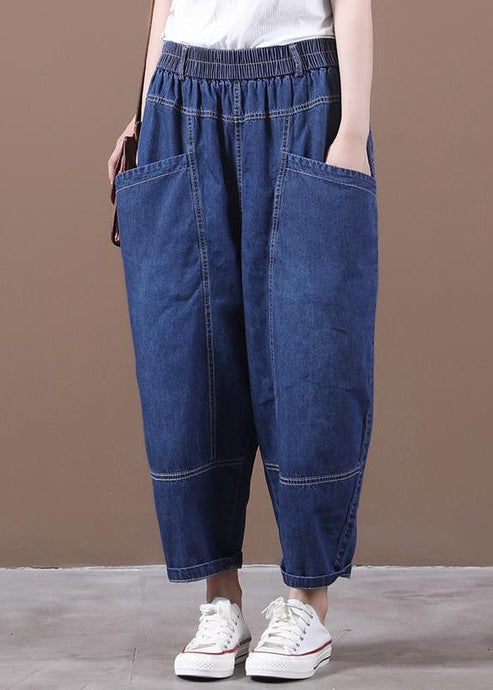 Loose Denim Blue Pockets Elastic Waist Denim Crop Pants Fall