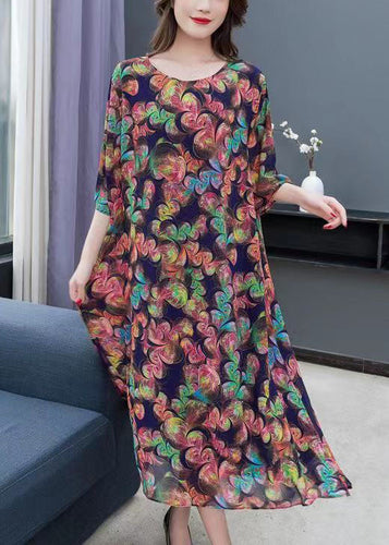 Loose Floral O-Neck Side Open Patchwork Chiffon Long Dresses Summer