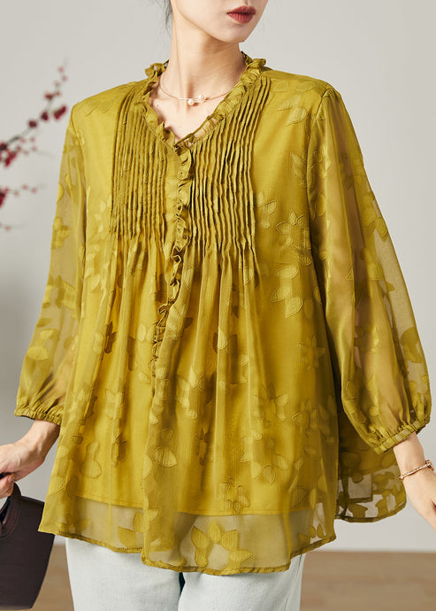 Loose Grass Green Ruffled Wrinkled Chiffon Shirt Top Summer