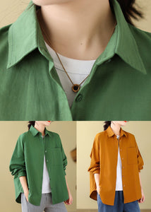 Loose Green Button Pockets Cotton Shirt Long Sleeve