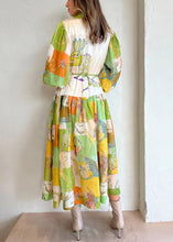 Load image into Gallery viewer, Loose Green Button Print Tie Waist Cotton Shirts Dress Lantern Sleeve