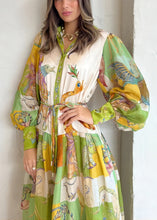 Load image into Gallery viewer, Loose Green Button Print Tie Waist Cotton Shirts Dress Lantern Sleeve