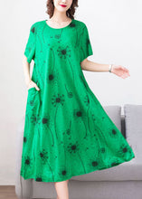 Load image into Gallery viewer, Loose Green O Neck Print Pockets Patchwork Cotton Dress Summer