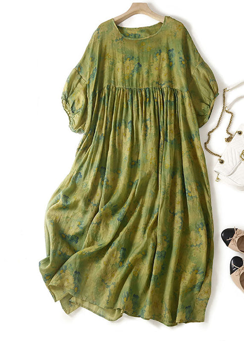 Loose Green O Neck Print Wrinkled Patchwork Linen Dress Summer