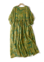 Load image into Gallery viewer, Loose Green O Neck Print Wrinkled Patchwork Linen Dress Summer