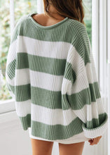 Load image into Gallery viewer, Loose Green O-Neck Striped Patchwork Cotton Knit Sweater Tops Fall