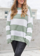 Load image into Gallery viewer, Loose Green O-Neck Striped Patchwork Cotton Knit Sweater Tops Fall