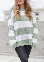 Load image into Gallery viewer, Loose Green O-Neck Striped Patchwork Cotton Knit Sweater Tops Fall