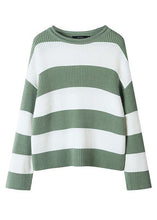 Load image into Gallery viewer, Loose Green O-Neck Striped Patchwork Cotton Knit Sweater Tops Fall