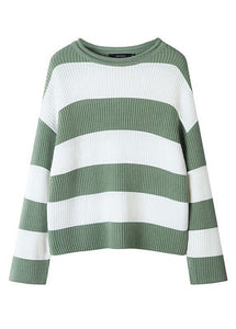 Loose Green O-Neck Striped Patchwork Cotton Knit Sweater Tops Fall