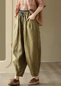 Loose Green Pockets Tie Waist Linen Wide Leg Pants