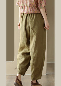 Loose Green Pockets Tie Waist Linen Wide Leg Pants