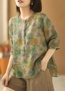 Loose Green Print Button Side Open Linen Shirt Summer