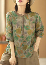 Load image into Gallery viewer, Loose Green Print Button Side Open Linen Shirt Summer