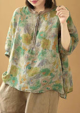 Load image into Gallery viewer, Loose Green Print Button Side Open Linen Shirt Summer