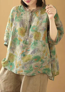 Loose Green Print Button Side Open Linen Shirt Summer