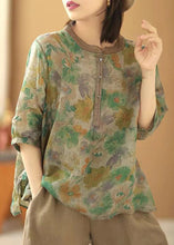 Load image into Gallery viewer, Loose Green Print Button Side Open Linen Shirt Summer