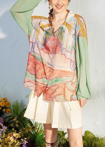 Loose Green Print Patchwork Chiffon Shirt Long Sleeve