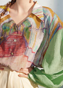 Loose Green Print Patchwork Chiffon Shirt Long Sleeve