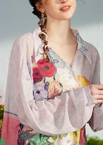 Loose Green Print Patchwork Chiffon Shirt Long Sleeve