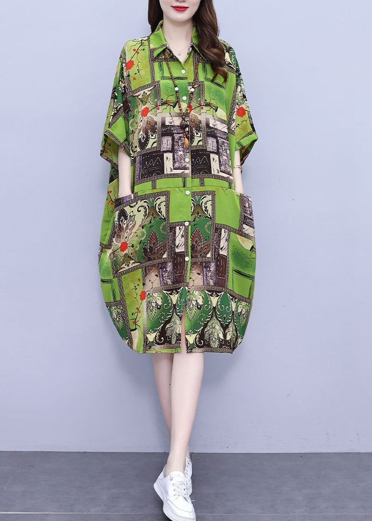 Loose Green Print Pockets Cotton Shirts Dress Half Sleeve