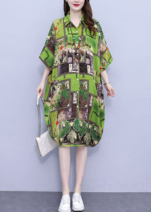 Loose Green Print Pockets Cotton Shirts Dress Half Sleeve