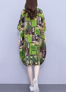 Loose Green Print Pockets Cotton Shirts Dress Half Sleeve