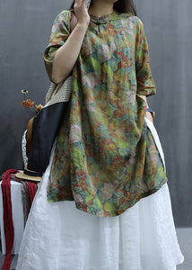 Loose Green Print Side Open Linen Shirts Half Sleeve