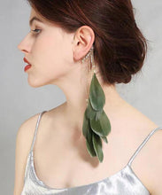 Load image into Gallery viewer, Loose Green Sterling Silver Overgild Zircon Feather Tassel Drop Earrings