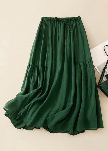 Loose Green Wrinkled Solid Elastic Waist Linen Skirts Summer