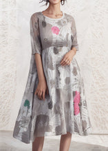 Load image into Gallery viewer, Loose Grey O Neck Print Silk Dresses Half Sleeve