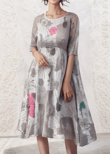 Loose Grey O Neck Print Silk Dresses Half Sleeve