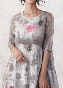 Loose Grey O Neck Print Silk Dresses Half Sleeve