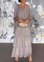 Load image into Gallery viewer, Loose Grey O Neck Solid Chiffon Long Dress Half Sleeve