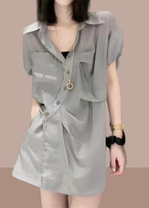 Loose Grey Peter Pan Collar Button Cotton Two Piece Set Summer