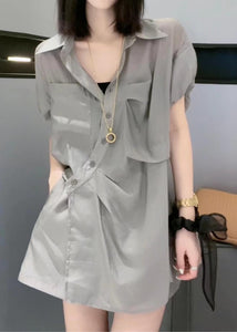 Loose Grey Peter Pan Collar Button Cotton Two Piece Set Summer