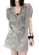 Load image into Gallery viewer, Loose Grey Peter Pan Collar Button Cotton Two Piece Set Summer