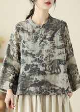 Load image into Gallery viewer, Loose Grey Stand Collar Print Button Linen Blouse Spring