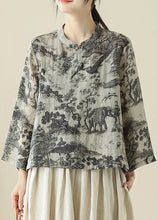 Load image into Gallery viewer, Loose Grey Stand Collar Print Button Linen Blouse Spring