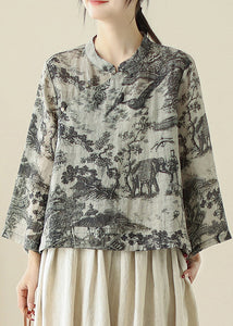 Loose Grey Stand Collar Print Button Linen Blouse Spring