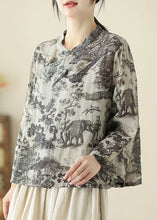 Load image into Gallery viewer, Loose Grey Stand Collar Print Button Linen Blouse Spring