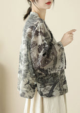 Load image into Gallery viewer, Loose Grey Stand Collar Print Button Linen Blouse Spring