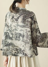 Load image into Gallery viewer, Loose Grey Stand Collar Print Button Linen Blouse Spring