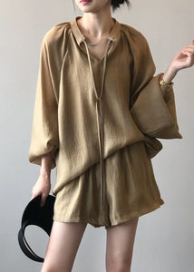 Loose Khaki Lace Up Pockets Cotton Two Piece Set Long Sleeve