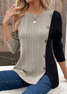 Loose Khaki O Neck Patchwork Knit Shirt Tops Fall